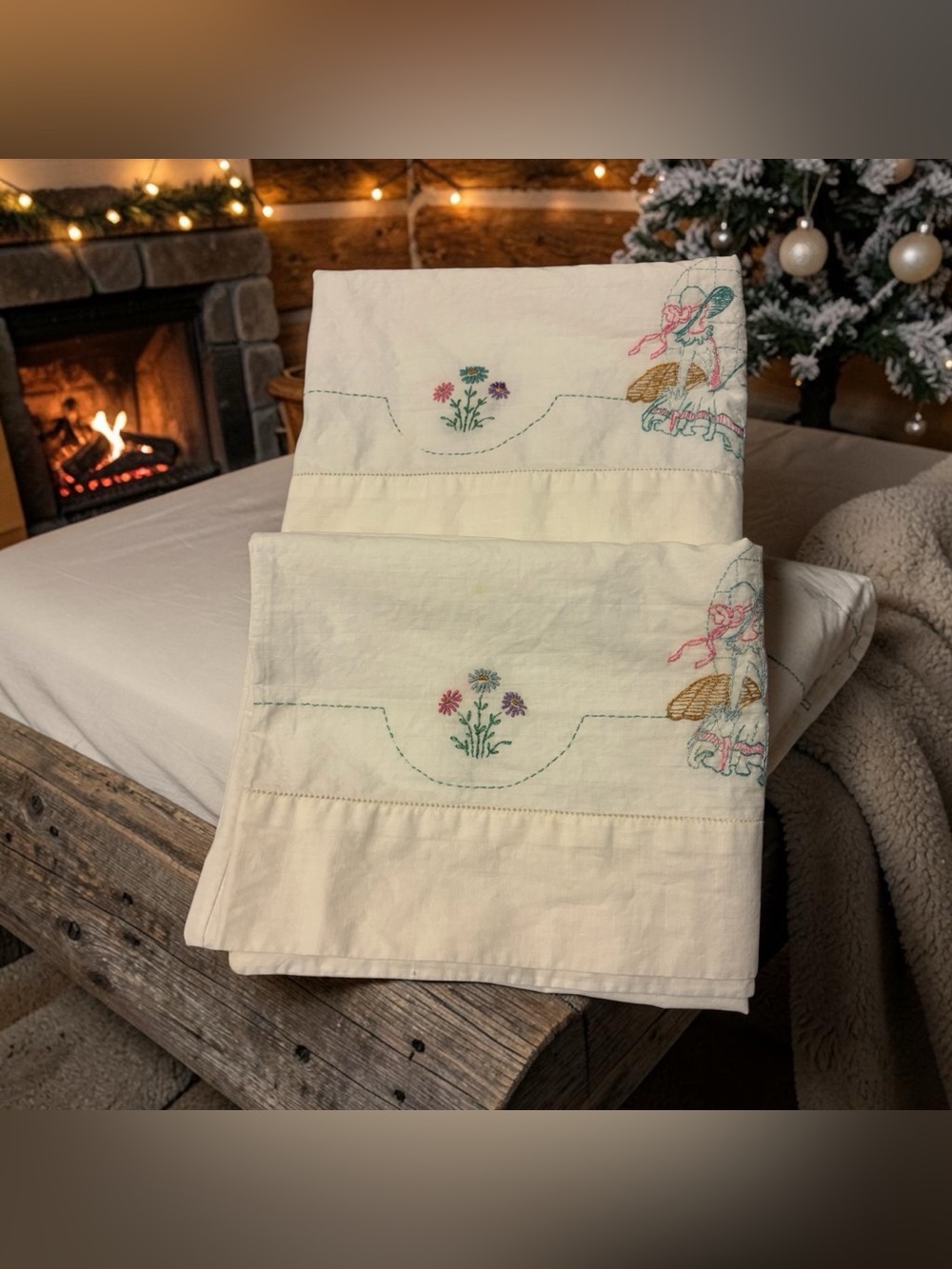 Vintage 2 Hand Embroidered Southern Belle Lady Bonnet Floral Pillow Cases- Cream